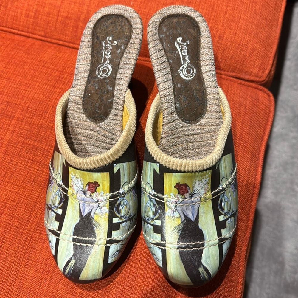 Icon wearable art painted lady mules. Elegant woman & surreal still life image.